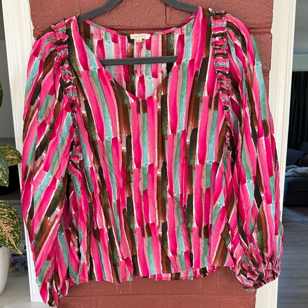 JODIFL Pink and Green Striped Blouse Large